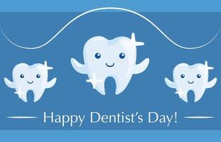 International Dentist's Day postcard, poster, greeting and invitation card with three teeth, characters with emotions, smiling and blinking. Vector illustration for Dentist's Day professional holiday.