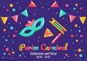 Purim holiday carnival announcement with funny mask, sweet hamantaschen and beanbag, flags and confetti on a purple background, greeting, invitation for a jewish holiday. vector