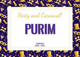 Purim announcement poster with copy space for text, vector banner, advertising, announcement of an event, holiday invitation with golden seamless pattern.