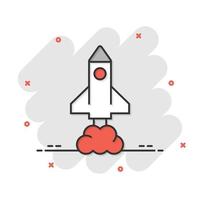 Rocket icon in comic style. Spaceship launch cartoon vector illustration on white isolated background. Sputnik splash effect business concept.