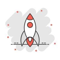 Rocket icon in comic style. Spaceship launch cartoon vector illustration on white isolated background. Sputnik splash effect business concept.