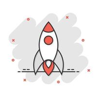 Rocket icon in comic style. Spaceship launch cartoon vector illustration on white isolated background. Sputnik splash effect business concept.