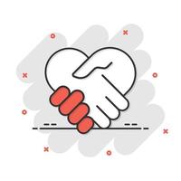 Handshake icon in comic style. Partnership deal cartoon vector illustration on white isolated background. Agreement splash effect business concept.