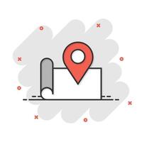 Map pin icon in comic style. GPS navigation cartoon vector illustration on white isolated background. Locate position splash effect business concept.