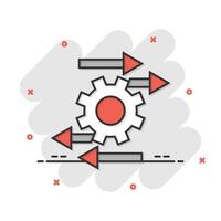 Process icon in comic style. Arrow and gear cartoon vector illustration on white isolated background. Optimization splash effect business concept.