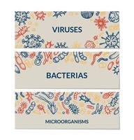 conjunto de pancartas de microbiología. colección de diferentes tipos de microorganismos. ilustración vectorial científica en estilo boceto vector