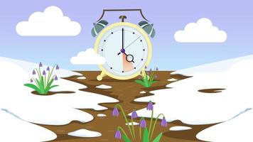 Daylight saving time banner. Clocks move forward. Squill flowers blossom and melting snow. Spring clock change concept. vector