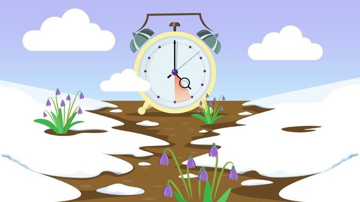 Daylight saving time banner. Clocks move forward. Squill flowers blossom and melting snow. Spring clock change concept.