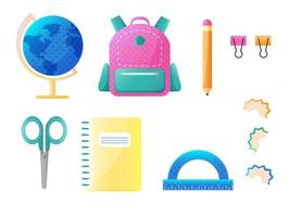 conjunto de ilustraciones de regreso a la escuela. mochila escolar, globo, tijeras, lápiz, regla, cuaderno, clips de papel. aislado sobre fondo blanco. vector