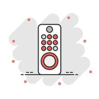 Tv remote icon in comic style. Television cartoon sign vector illustration on white isolated background. Broadcast splash effect business concept.