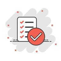 Document checklist icon in comic style. Report cartoon vector illustration on white isolated background. Paper sheet splash effect business concept.