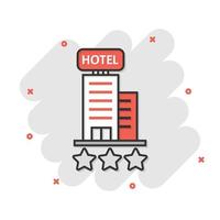 Hotel 3 stars sign icon in comic style. Inn building cartoon vector illustration on white isolated background. Hostel room splash effect business concept.