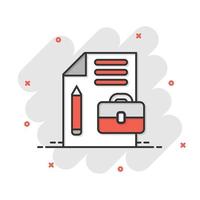 Document note with pen icon in comic style. Paper sheet pencil and briefcase cartoon vector illustration on white background. Notepad document splash effect business concept.