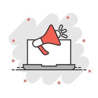 Laptop with megaphone speaker icon in comic style. Notebook bullhorn cartoon vector illustration on white isolated background. Computer subscribe splash effect business concept.