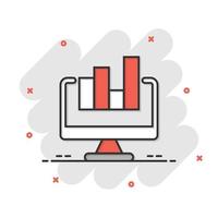 icono de análisis de sitios web en estilo cómico. ilustración vectorial de dibujos animados de datos seo sobre fondo blanco aislado. concepto de negocio de efecto de salpicadura de diagrama de computadora. vector