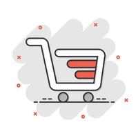 Shopping cart icon in comic style. Trolley cartoon vector illustration on white isolated background. Basket splash effect business concept.