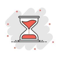Hourglass icon in comic style. Sandglass cartoon vector illustration on white isolated background. Clock splash effect business concept.
