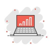 Laptop chart icon in comic style. SEO data cartoon vector illustration on white isolated background. Computer diagram splash effect business concept.