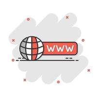 icono de búsqueda global en estilo cómico. Ilustración de vector de dibujos animados de dirección de sitio web sobre fondo blanco aislado. concepto de negocio de efecto de salpicadura de red www.