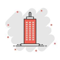 Building icon in comic style. Town skyscraper apartment cartoon vector illustration on white isolated background. City tower splash effect business concept.