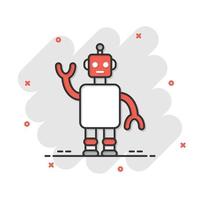 lindo icono de robot chatbot en estilo cómico. Ilustración de vector de dibujos animados de operador de bot sobre fondo blanco aislado. concepto de negocio de efecto de salpicadura de personaje de chatbot inteligente.