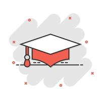 Graduation hat icon in comic style. Student cap cartoon vector illustration on white isolated background. University splash effect business concept.