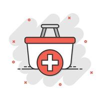 Add to cart icon in comic style. Shopping vector cartoon illustration on white isolated background. Basket with plus sign splash effect business concept.