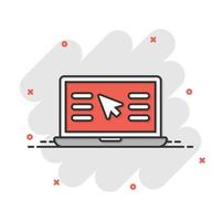 Laptop computer icon in comic style. Cursor on notebook cartoon vector illustration on white isolated background. Monitor splash effect business concept.