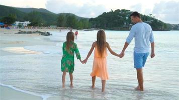 padre e hijos disfrutando de vacaciones tropicales de verano en la playa. familia caminando por el mar. camara lenta video