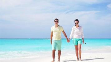 giovane coppia su bianca spiaggia durante estate vacanza. contento famiglia godere loro luna di miele. lento movimento video. video