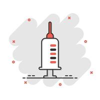 Syringe icon in comic style. Inject needle cartoon vector illustration on white isolated background. Drug dose splash effect business concept.