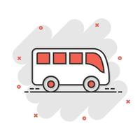 icono de autobús en estilo cómico. ilustración de vector de dibujos animados de entrenador sobre fondo blanco aislado. concepto de negocio de efecto de salpicadura de vehículo autobus.