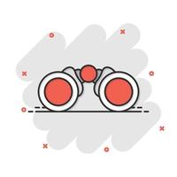 icono binocular en estilo cómico. buscar ilustración vectorial de dibujos animados sobre fondo blanco aislado. concepto de negocio de efecto de salpicadura de zoom. vector