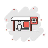 icono de la estación de autobuses en estilo cómico. ilustración de vector de dibujos animados de parada automática sobre fondo blanco aislado. concepto de negocio de efecto de salpicadura de vehículo autobus.