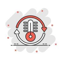 Thermometer climate control icon in comic style. Meteorology balance cartoon vector illustration on white isolated background. Hot, cold temperature splash effect business concept.
