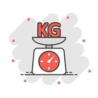 icono de escala en estilo cómico. ilustración vectorial de dibujos animados con mancuernas de kilogramo sobre fondo blanco aislado. concepto de negocio de efecto de salpicadura de gimnasio. vector