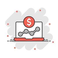 Laptop computer chart icon in comic style. Money diagram cartoon vector illustration on white isolated background. Financial process splash effect business concept.