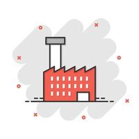 icono de construcción en estilo cómico. ilustración de vector de dibujos animados de fábrica sobre fondo blanco aislado. concepto de negocio de efecto de salpicadura de torre de la ciudad.