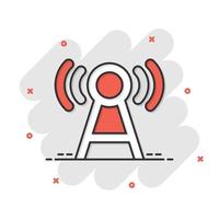 Antenna tower icon in comic style. Broadcasting cartoon vector illustration on white isolated background. Wifi splash effect business concept.