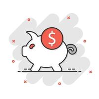 Money box icon in comic style. Pig container cartoon vector illustration on white isolated background. Piggy bank splash effect business concept.