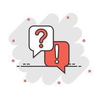 Question and answer icon in comic style. Dialog speech bubble cartoon vector illustration on white isolated background. Forum chat splash effect business concept.