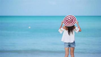 Young beautiful woman having fun on tropical seashore. Happy girl background the blue sky and turquoise water in the sea on caribbean island video