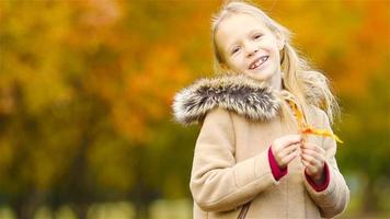 Portrait of adorable little girl outdoors at beautiful warm day with yellow leaf in fall video