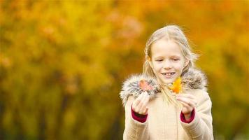 Kleines Kind im Freien hat Spaß an einem schönen warmen Tag mit gelbem Blatt im Herbst video