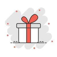 Gift box icon in comic style. Present package cartoon vector illustration on white isolated background. Surprise splash effect business concept.