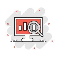 icono de análisis de sitios web en estilo cómico. ilustración vectorial de dibujos animados de datos seo sobre fondo blanco aislado. concepto de negocio de efecto de salpicadura de diagrama de computadora. vector