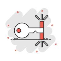 Locker icon in comic style. Padlock password cartoon vector illustration on white isolated background. Key unlock splash effect business concept.