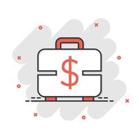 Money briefcase icon in comic style. Cash box cartoon vector illustration on white isolated background. Finance splash effect business concept.