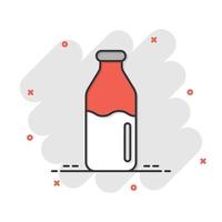 icono de botella de leche en estilo cómico. Ilustración de vector de dibujos animados de matraz sobre fondo blanco aislado. concepto de negocio de efecto de salpicadura de contenedor de bebida.