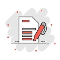 Blogging icon in comic style. Document with pen cartoon vector illustration on white isolated background. Content splash effect business concept.